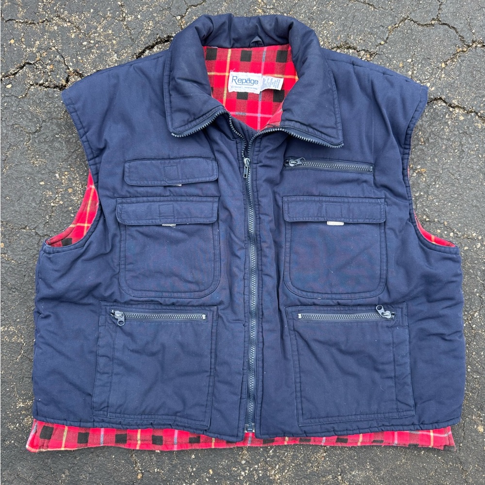 Repáge Navy Utility Vest with Red Plaid Interior